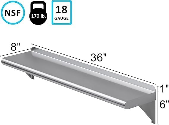 Stainless Steel Wall Shelf | NSF | Garage, Laundry, Storage, Utility Room | Restaurant, Commercial Kitchen (8" X 36")