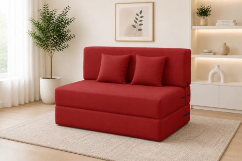 Image of Los Angeles Foldable Two Seater Sofa Cum Bed, Sofa Bed 4 X 6 Ft, Jute Fabric Washable Cover Including Two Cushion Perfect for Living Room & Office Guest Room - Red Color