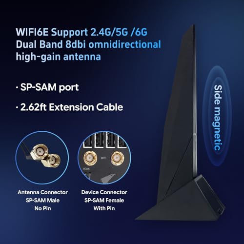 Dual Band WiFi 6e WiFi Antenna 2.4GHz 5GHz Magnetic Base Adapter Antenna with 80cm Extension Cable for ASUS Z390 Z490 X570 Z270 Z370 X370 Z170 X299 Motherboard 2T2R PCI-E Bluetooth Network Router by XLQJVPO - Image 2