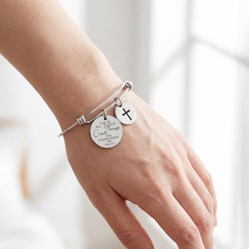 Image of Cross Adjustable Christian Bible Verse Bracelet Religious Jewelry | Inspirational scripture bangle, thoughtful confirmation faith gift for women teengirls