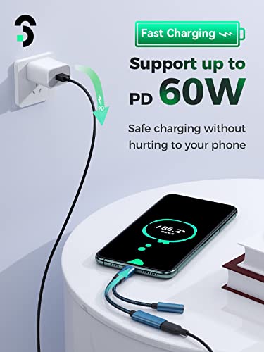 SOOMFON USB C to 3.5mm Jack Headphones and Charger Adapter, 2 in 1 USB Type C to Aux Adapter with PD 60W Fast Charging Cable - Image 2