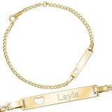 🎀 STILVOLLES GESCHENK: personalisierbares ID Kinderarmband mit einer beidseitig gravierbaren Gravurplatte mit Namen und Datum mit einem ausgestanzten Herzen. Die Armkette wird in einer exklusiven gravierbaren Geschenkbox zugestellt und ist in Goldprobe 585 = 14 Karat verfügbar. Das Armband sorgt für einen glänzenden Blickfang am kleinen Handgelenk. Verstellbare Kettenlänge: 14-16 cm.