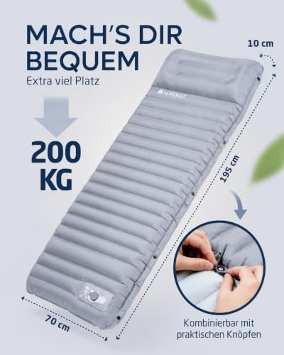 NORDMUT® Isomatte Schnellaufblasend mit integrierter Fußpumpe 10 cm - Isomatte Camping mit kleinem Packmaß - Outdoor Matratze für müheloses… – Ansicht 6