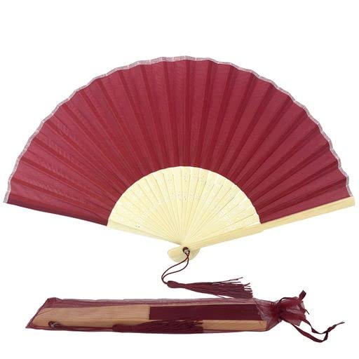 Image of Fabric Handheld Folding Hand Fan with a Tassel Grade A Bamboo Ribs for Women Girls Summer Party Event Favor Birthday Wedding Souvenir Gift (Dark Red)