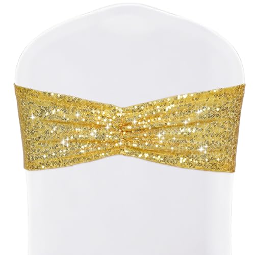 SquarePie Pack of 50 Sequin Chair Sashes Glitter Gold Bows Bands for Wedding Banquet Party Chair Covers Decor