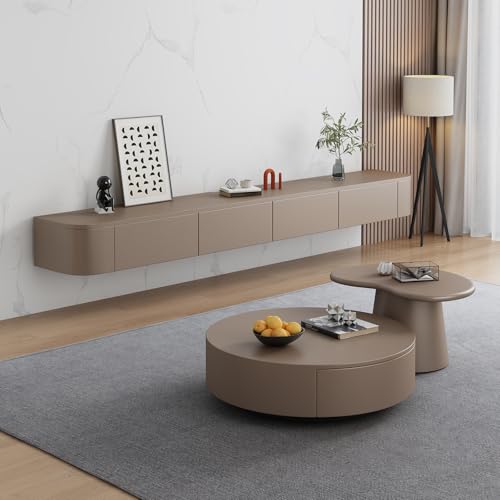 HYANXUE Floating TV Stand, Wall Mounted TV Shelves With Door,TV Media Console, Floating TV Cabinet Large Storage TV Bench Under TV (Khaki, 220CM/86.6")