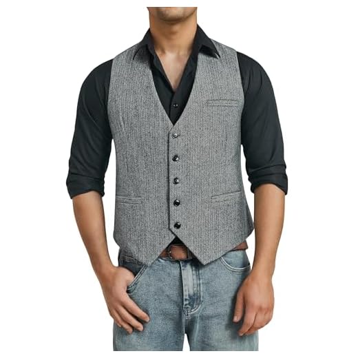 HISDERN Chaleco Formal Hombres Tweed Chaleco Lana Chalecos de Traje para Hombre Gris XS