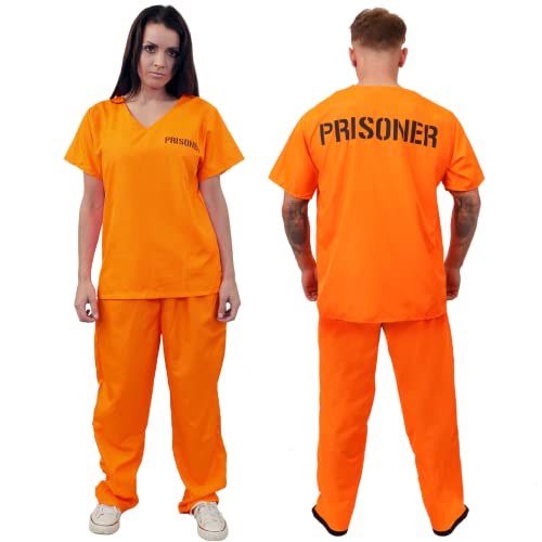 Disfarce unissexo de prisioneiro para adultos, t-shirt de prisioneiro laranja, calças laranja a condizer. Polis e capacetes, roupas de fantasia de Halloween, M