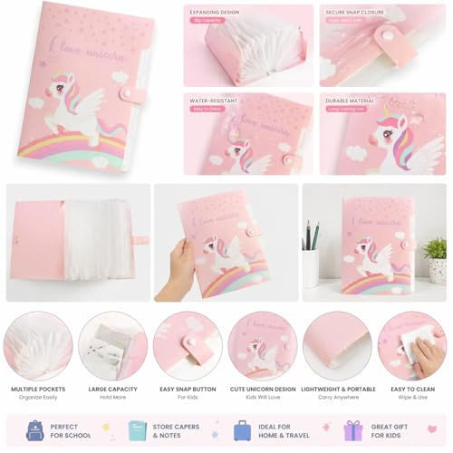 Image of Kids A4 File Folder with Button Lock | Cartoon Theme 6-Pocket Expandable Organizer for Certificates & Test Papers | Pink (Pack of 1)