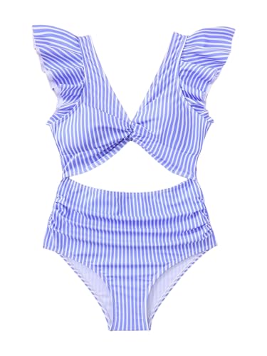 SweatyRocks Girl's Ruffle Cutout One Piece Swimsuit Striped High Waisted Twist Front Bathing Suits