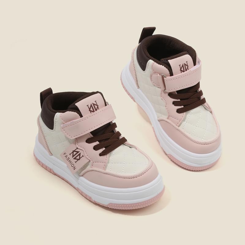 Kids High Top Sneakers, Quilted Design, Hook and Loop Strap, Brown and Beige, Fashion Casual Shoes3