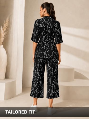 Image of Leriya Fashion Co Ord Set for Women Stylish | Western Dress for Women Casual Poly Cotton Cord Set | Printed Shirt Pant Set with Wide Leg Pants | Smart Casual Office & Travel Outfit