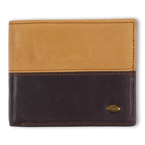 Christian Art Gifts Genuine Classic Full-grain Leather Bi-fold Wallet for Men w/Cross Emblem - RFID Blocking for Cards, ID, Multi-purpose slots, Zip Interior Pocket for Change & Bills, Brown & Tan