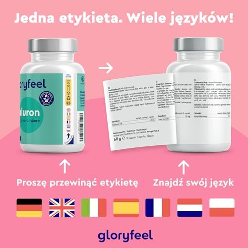 Kapsułki z kwasem hialuronowym - Wysoka dawka 525 mg - 500-700 kDa - 90 wegańskich kapsułek - Testowane laboratoryjnie, wegańskie i wyprodukowane w Niemczech bez dodatków