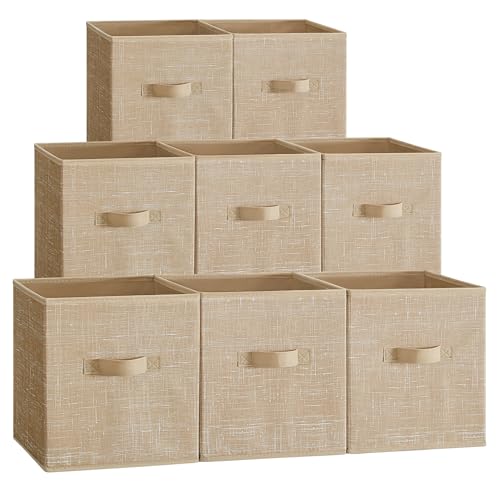 SONGMICS Storage Cubes, 10.2 x 10.2 x 11 Inches Non-Woven Fabric Bins with Double Handles, Set of 8, Closet Organizers for Shelves, Foldable, for Clothes, Sand Beige UROB826K03