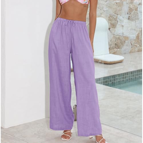 Image of Duyang Womens Cotton Linen Palazzo Pants Drawstring Elastic Waist Casual Wide Leg Trousers with Pockets