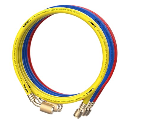 NAVAC NH5SLL Low Loss Refrigerant Hoses 3 Pack - HVAC Charging Hoses for A2L Systems 1/4 in SAE 45 Degree Fittings -Roller Bearing Connectors Adjustable Depressor 800 PSI -5 ft Red Blue & Yellow