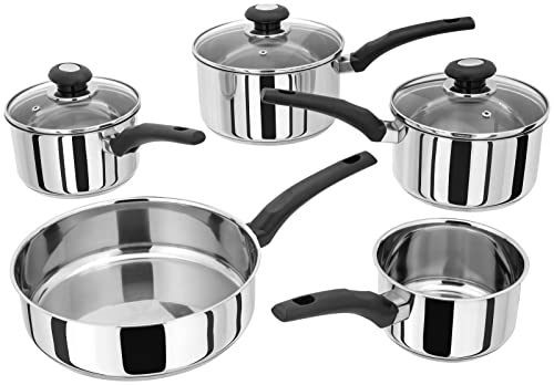 Judge Essentials HPC1 - Juego de sartenes de acero inoxidable, 5 piezas, sartén de 14 cm, sartén de 26 cm, cacerolas de 16 cm, 18 cm y 20 cm con tapas de vidrio ventiladas, listas para inducción