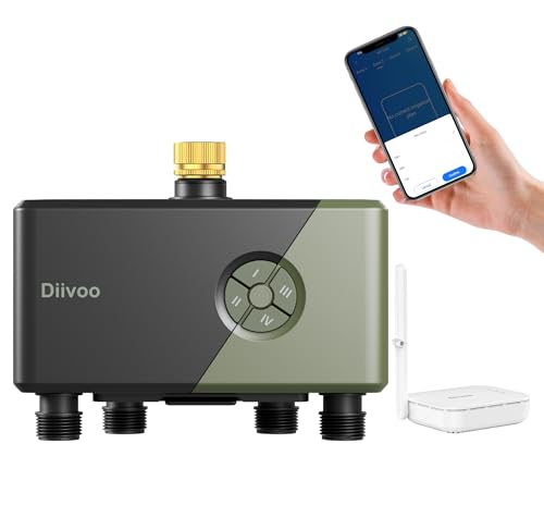Diivoo WLAN Bewässerungscomputer 4 Ausgänge, Wasserzeitschaltuhr Gartenbewässerungssystem, Zeitschaltuhr für Bewässerung, Messingeingang&Ethernet, Alexa/Google, 24 Pläne, Regenverzögerung&Nebelmodus