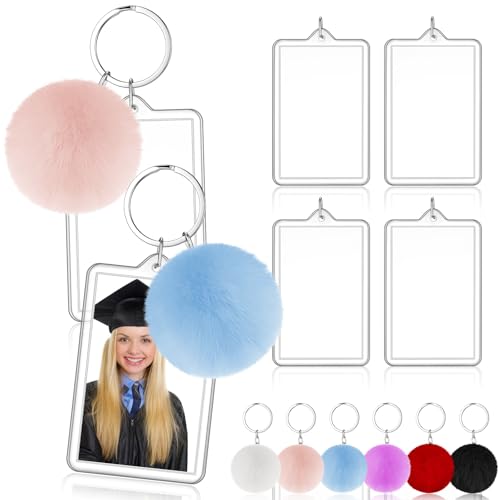 Image of Henoyso 6 Pack Acrylic Photo Keychains with Colorful Pom Poms, 2 x 3 Inch | Double Sided Acrylic Photo Keychains, Easy DIY for Back to School Students Gifts, Classroom Rewards,, Graduation Keepsakes