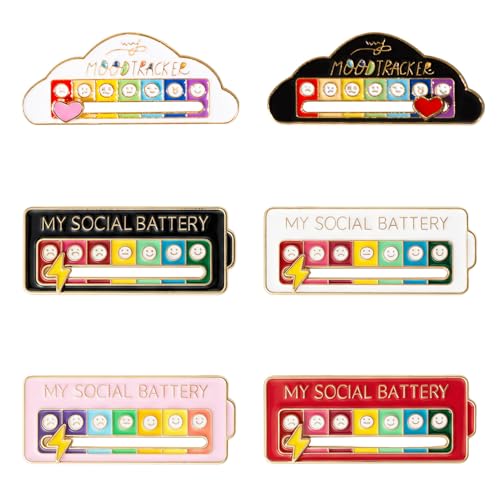 6Pcs Social Battery Pin Badge Set My Social Battery Slider Brooch Funny Enamel Mood Pins for Introverts Creative Adjustable Mood Indicator Pin for Men and Women - 7 Day Emotional Expression