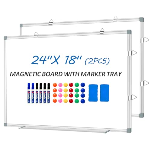 Magnetic White Board Dry Erase Board for Wall 24" x18 (2pcs) Aluminum Frame Magnet White Board for Home, School, Office, Kitchen