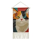 QMNBTES Moderne Kunst Katze Wandteppich mit Quasten, langer Wandteppich, Wandbehang, vertikal, benutzerdefinierte Wandteppiche, ästhetische hängende Wandteppiche, Boho-Wandkunst, Dekoration für