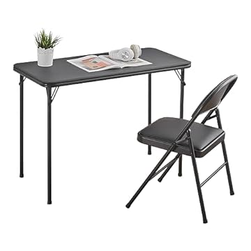 BOOSDEN Folding Table and Chairs Set, Fold Away for Home, Dining, Picnic, Camping, Compact Metal Frame, Indoor & Outdoor, Black