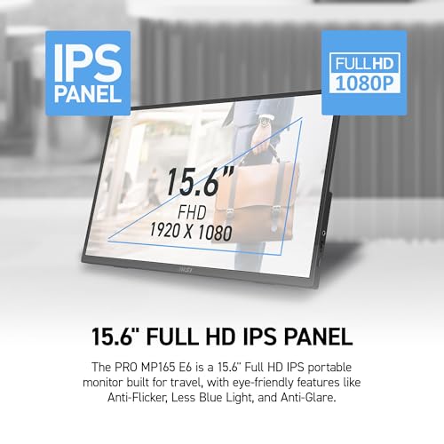 Image of MSI Portable Monitor Pro MP165 E6 LED 39.6 cm (15.6 inch), 1920 x 1080 Full HD, 60 Hz, HDMI, Integrated Speakers
