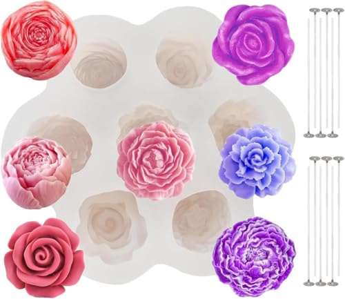 YTLZSH Silicone Flower Candle Mold, 7 Cavities 3D Flower Silicone Soap Molds with 12 Wicks, Applicable to Birthday, Shower, Anniversary, Valentine's Day (White)