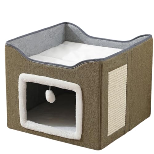 Bivoyud キャットタワー ドーム型ベッド 折り畳み 猫 ハウス 組立簡単 多機能 爪とぎ付き 猫の家 冬用 暖かい 省スペース 寒さ対策 犬猫兼用 ペット用ハウス 保温防寒 猫用寝床 キャットハウス 室内 (二重層角扉 39*39*32cm)