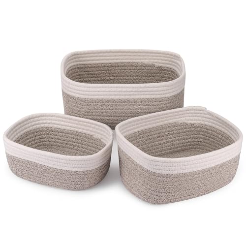 Yimomoyi Juego de 3 Cestas Almacenaje Tejidas con Cuerda de Algodón, Grande Cesta Organizadora Bebe, Cestas Organizadoras para Dormitorio, Baño, Cocina, Armario, Juguetes, Maquillaje