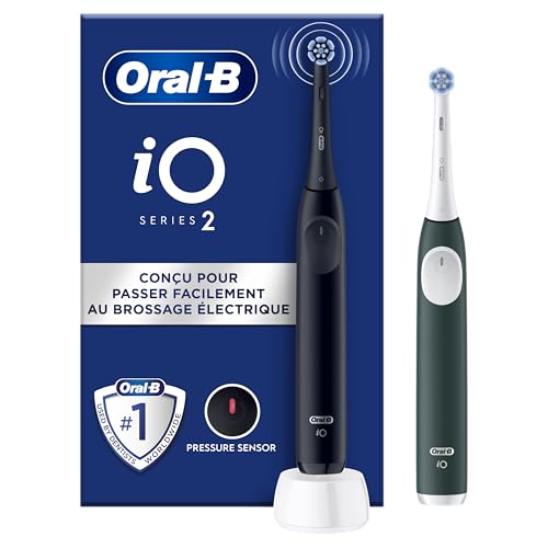 Oral-B iO Series 2 - Cepillo de dientes eléctrico, 2 unidades, 2 cabezales de cepillo, 3 modos de cepillado para el cuidado dental, tecnología magnética, diseñado por marrón, negro nocturno/verde