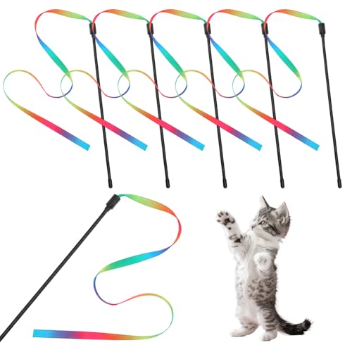salbsever 5 PCS Cat Ribbon Toy, String Cat Toy, Interactive Colorful Teaser Wandstring with Rainbow Ribbon for Indoor Cats Exercise and Playtime