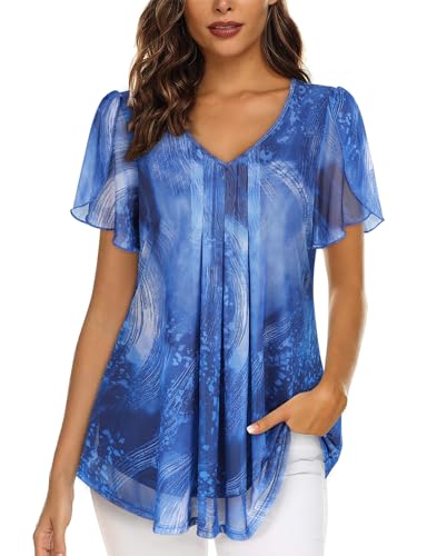 Blouses for Women UK, Chiffon Tops Summer Work Tops for Women Office Dressy Shirt Short Sleeve Tunics Tops for Leggings V Neck Chiffon Blouse for Daily Wedding Guest Layered Womens Shirt Tops