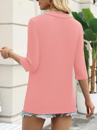 YESTTO Womens Tops 3/4 Sleeve V Neck Tunic Tops Casual Loose Fit Shirts Soft Lightweight Blouses Summer Dressy Basic Tees Coral — view 5