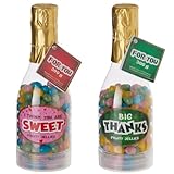 MIJOMA Jelly Beans Champagnerform 2er Set 300 g – I Think You Are Sweet und Big Thanks Motiv – Plastikbehälter mit Fruchtgeleebonbons – für Wertschätzung im Alltag