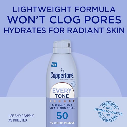 Image of Coppertone Every Tone Sunscreen Spray SPF 50, Lightweight, Blends in Clear Sunscreen for All Skin Tones, Formulated with Nourishing Vitamin E, 5 Oz Bottle