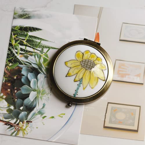 Roseward High End Sunflower Compact Mirror For Purses Hand Painted 1 X /2 X Magnifying Copper Round Hand Mirror Unique Gifts For Women Handheld Travel Makeup Mirror #TOP4