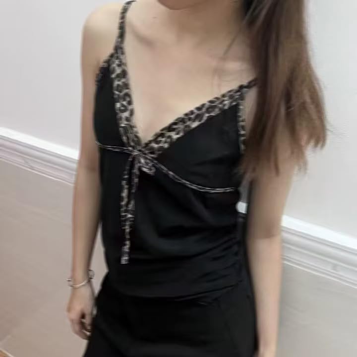 Emo Coquette Cropped Top Grunge 2000s Spaghetti Strap Tops Streetwear Vintage Camisole Y2k Cheetah Tops - Image 3