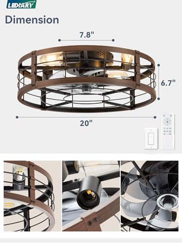 Image of LEDIARY 20 inch Caged Ceiling Fan with Light and Remote, Low Profile Flush Mount Fandelier, Walnut Bladeless Enclosed Small Fan Lights Ceiling Fixtures, Rustic Farmhouse Style for Bedroom, Outdoor