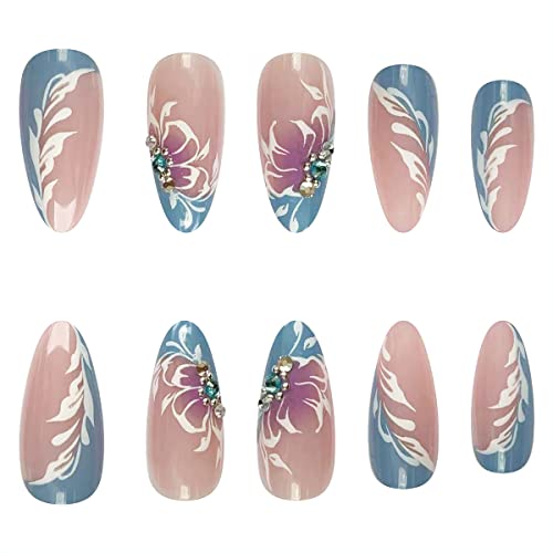 Blue Fake Nails Almond Shaped Press On Nails Flower With Artificial Diamond Designs False Nails Medium Full Cover Glue On Nails Floral Acrylic Nails For Women Girls 24Pcs #TOP2