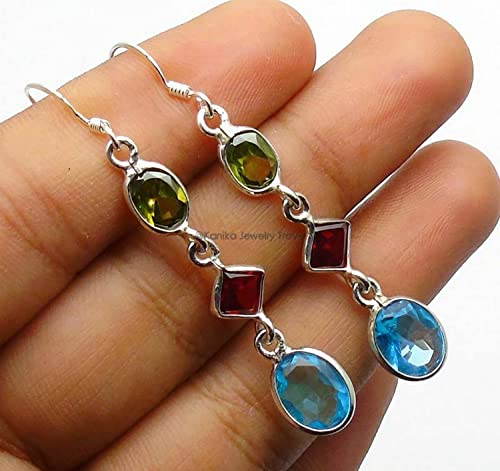 Blue Topaz, Garnet, Peridot Sterling Silver 3 Tier Drop Earrings For Women And Girls, Bezel Set Ear Wire Earrings, Blue Bridesmaid Earrings Christmas Day Gift #TOP1
