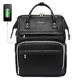 LOVEVOOK Rucksack Damen, Wasserdicht Laptoprucksack 15,6 Zoll Schwarz mit Laptopfach, Groß Schulrucksack Tasche PU Leder mit USB Ladeanschluss, für Arbeit Schule Uni Lehrer Studenten Business Reise