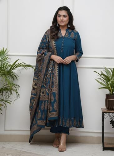 Image of GoSriKi Women's Rayon Viscose Anarkali Printed Kurta Pant with Dupatta | Anarkali Kurta Set for Women | Flared Kurti Pant Set | Ethnic Printed Suit for Women