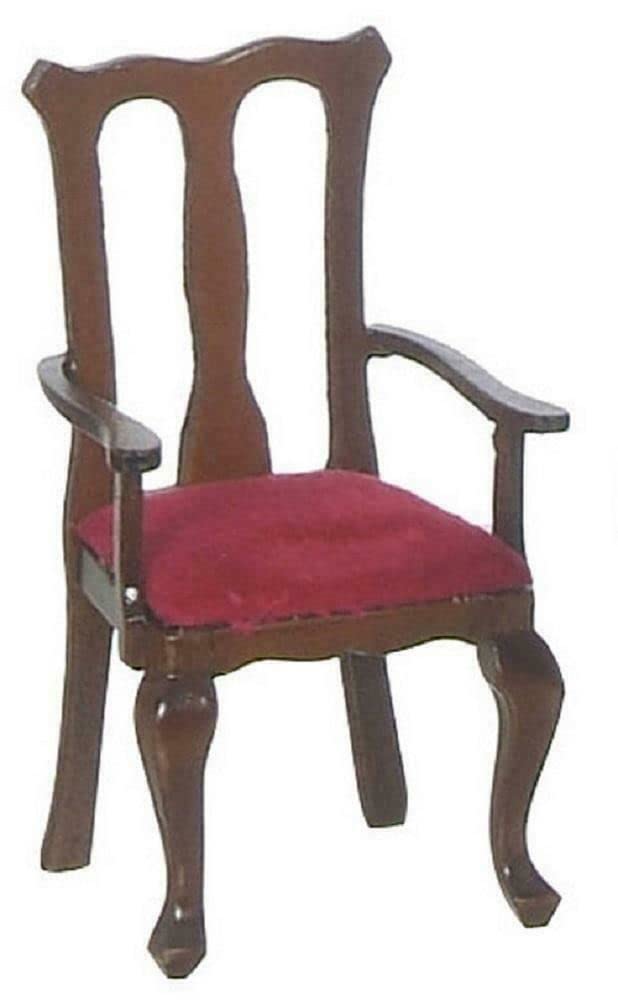 Melody Jane Dollhouse Walnut & Red Queen Ann Carver Chair Miniature Dining Room Furniture