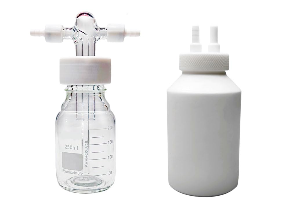 LEINZZO Gas Washing Bottle, With Thread and PTFE Conduit Accessories, Borosilicate Glass/PTFE GL45 Solvent Buffer Bottle, Corrosion Resistance 100~5000mL Volume (100mL, All PTFE)