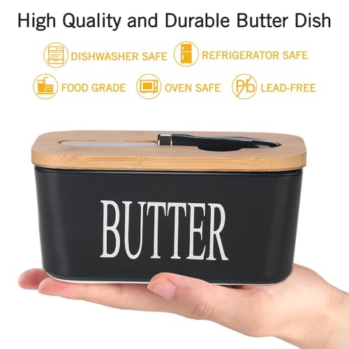 Image of Ceramic Butter Dish with Wooden Lid and Stainless Steel Knife, Large Butter Container Keeper with Bamboo Cover and Silicone Sealing Ring for West and East Coast Butter (Black)