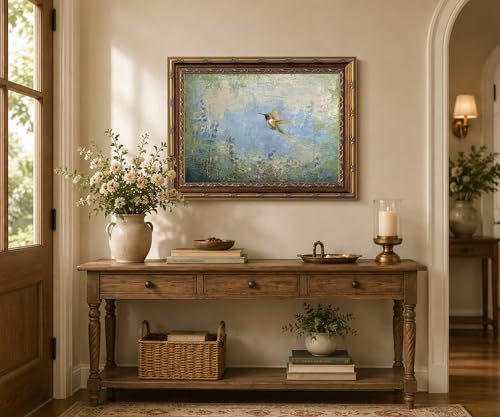 Vintage Hummingbird Wall Art Blue Green chic flower Bird Oil Painting Print by KBCXOY - Used condition - Image 5