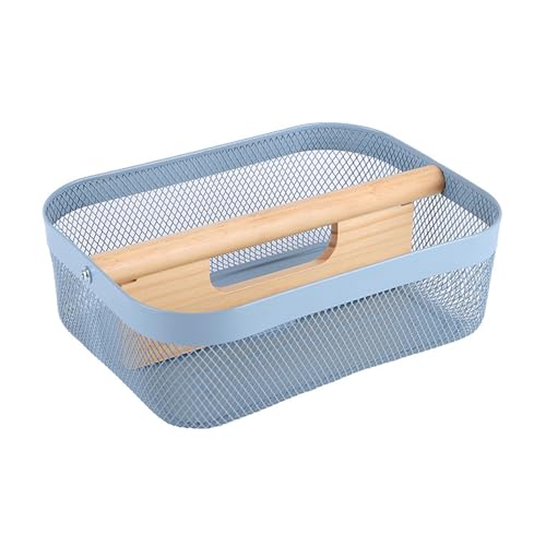AJIODA Metal Mesh Steel Storage Basket, Garden Harvest Wire Organizer Basket Multi-functional Kitchen Fruit Basket with Wooden Removable Partition & Handle for Bathroom Picnic Decor Cabinet, Blue